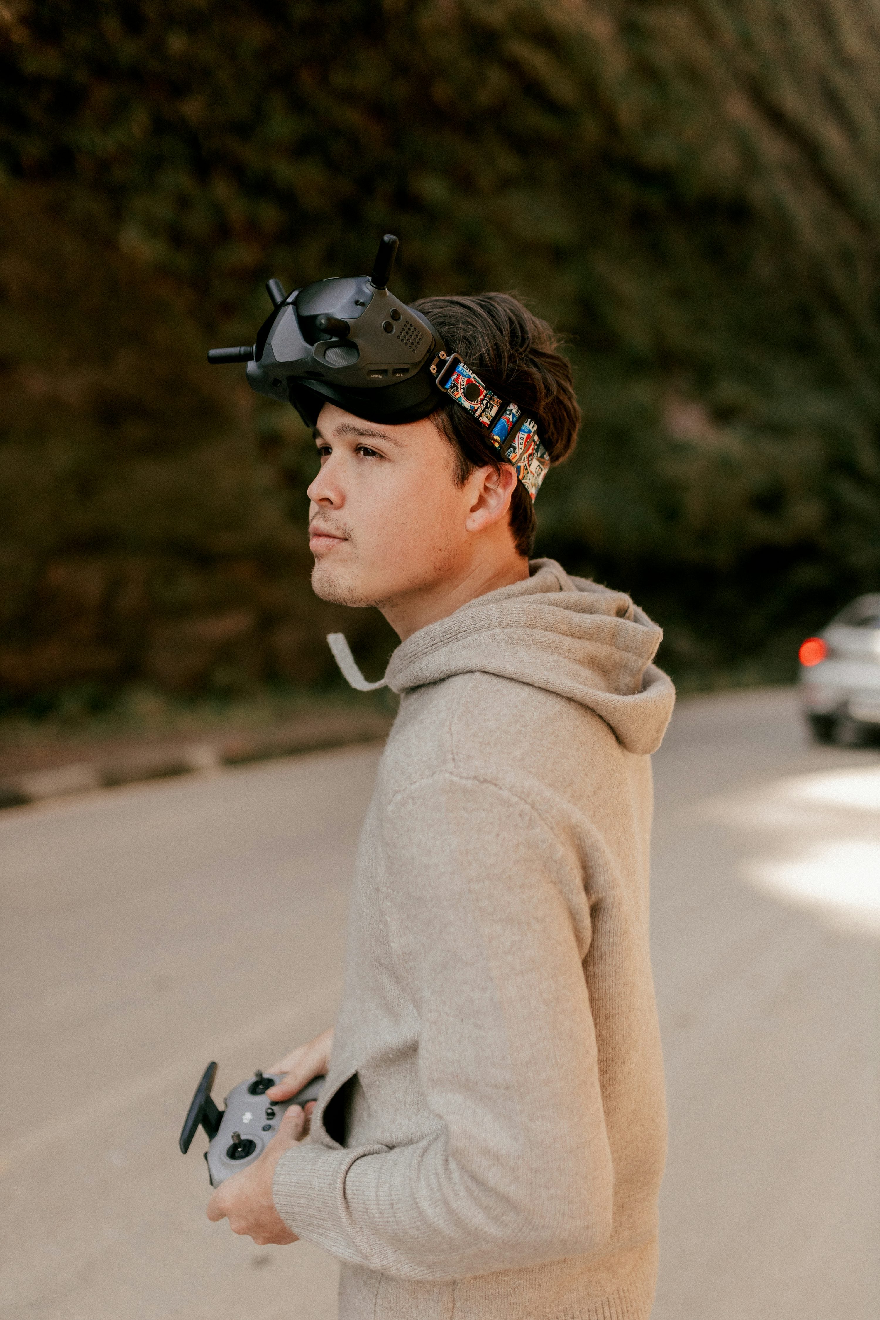 Pilot flying FPV goggles in the field